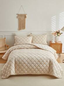 3入組卡其色菱形格紋刺繡聚酯棉被套套裝，簡約日式風格床單枕套套裝，適用於四季