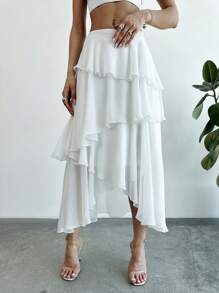 SHEIN Privé Falda plisada de gasa con volantes y capas, de corte favorecedora para tallas grandes, elegante y romántica para resort, perfecta para una cita o para volver al colegio - Blanco - Ver 6