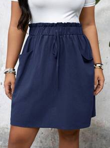 SHEIN LUNE Váy thun eo hình nấm trang trí có túi Plus Size - Màu xanh hải quân - Xem 5