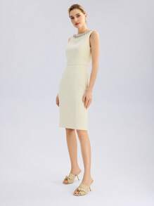 MOTF PREMIUM 女士蝴蝶结露趾斜高跟穆勒鞋，夏季凉鞋 - 米色 - 查看 9