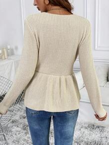 SHEIN LUNE Women's V-Neck Button Long Sleeve Sweater With Ruffled Hemline, Elegant & Fashionable Knit Pullover Fall Winter Outfit