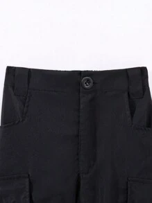 SHEIN Pantalones de trabajo de moda urbana de unicolor con varios bolsillos para niños preadolescentes - Negro - Ver 3