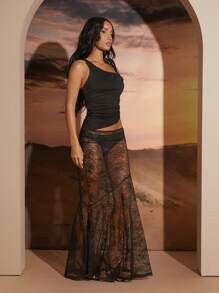 Hauture Fall Vacation Outfits Sheer All Lace Mermaid Maxi Skirt - Black - View 6