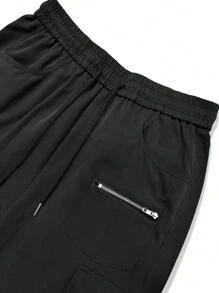 Claim Dot Men Drawstring Waist Flap Pocket Cargo Trousers - Black - View 6