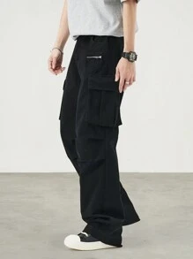 Claim Dot Men Drawstring Waist Flap Pocket Cargo Trousers - Black - View 5