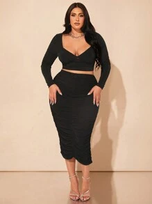 SHEIN BAE Bộ váy hai mảnh cổ lọ xếp nếp tay dài thanh lịch cho nữ dự tiệc sang trọng, thiết kế thanh lịch, dành cho ngày lễ, thu đông - màu đen - Xem 4