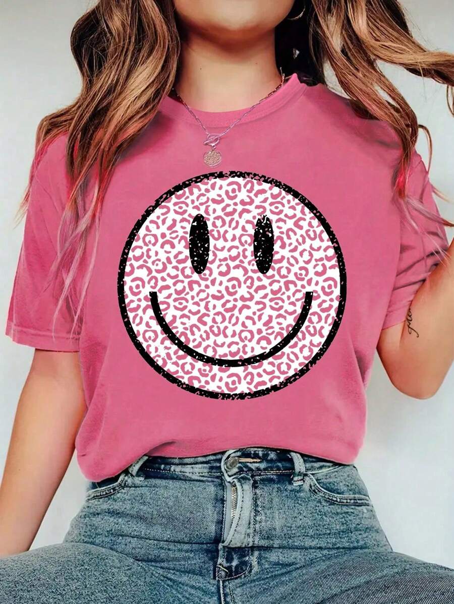 SHEIN 少女笑脸印花短袖T恤，休闲舒适，适合春夏户外活动