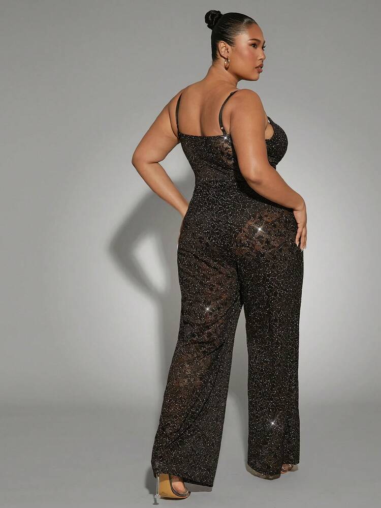 Plus Lace Glitter Wide Leg Jumpsuit