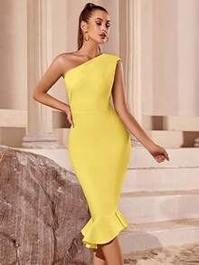 ADYCE Sleeveless One-Shoulder Bandage Mermaid Party Prom Dress - Yellow - View 4