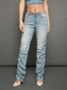 WESTFADE Premium 92% Cotton Denim Stacked Straight Leg Jeans - Light Wash - View 6