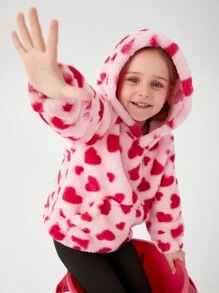 SHEIN 小女孩粉紅色有帽心形印花帶口袋絨布休閒可愛冬季裝 - 粉色 - 查看 5