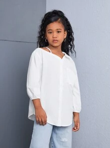 SHEIN Camisa informal holgada de unicolor con un solo hombro asimétrico y tirante frío de manga larga para niñas preadolescentes