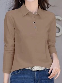 INAWLY 女式纯色长袖 Polo 领休闲 T 恤，春夏 - 棕色 - 查看 5