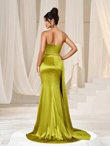 Faeriesty Satin Draped Side Split Thigh Formal Tube Party Dress - Olive Green - View 2
