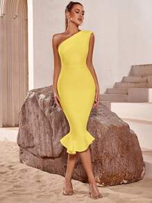ADYCE Sleeveless One-Shoulder Bandage Mermaid Party Prom Dress - Yellow - View 1