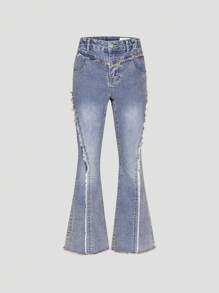 SHEIN Explorewe 少女復古街頭風格舒適磨損彈性牛仔褲，五角星刺繡設計