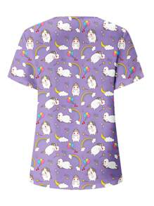 PopScrub Women's Short Sleeve V-Neck Cartoon Animal Print Uniform Scrub Top - Purple - View 2