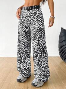SHEIN EZwear Women's Spring And Summer Rapper Leopard Print Wide Leg Pants,Back To School Clothes - Grey - View 3