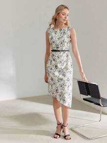 MOTF PREMIUM ĐẦM DỰ TIỆC IN HOA VÒNG EO THẬT KHÔNG ĐỐI XỨNG - Màu be - Xem 5