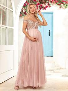Maternity Cold Shoulder Sequin Contrast Mesh Formal Party Photoshoot Dress