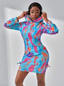 SHEIN Teen Girl's Fashionable Abstract Colorful Digital Printed Drawstring Hoodie Dress, Spring & Autumn