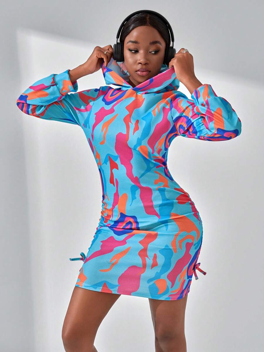 SHEIN Teen Girl's Fashionable Abstract Colorful Digital Printed Drawstring Hoodie Dress, Spring & Autumn