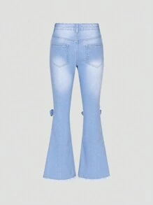 Tween Girls Light Washed Blue Bowknot Elastic Flared Jeans With Frayed Edges - Light Wash - View 2