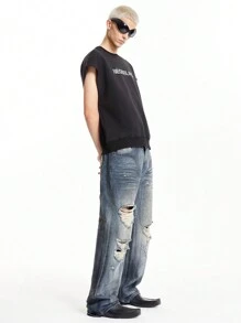 NEON BLANC Men's Cotton Distressed Loose Straight-Leg Spray-Painted Jeans