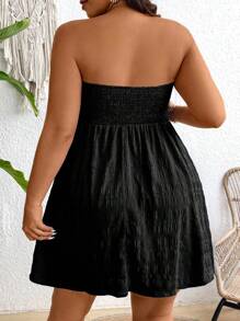 SHEIN Clasi 大码女式无袖A字连衣裙，纹理面料，黑色，休闲度假/休闲连衣裙 - 黑色 - 查看 2