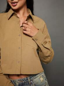 WESTFADE Cut Out Cropped Shirt - Olive Green - View 1