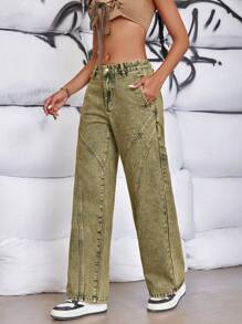 SHEIN ICON 女士休閒直筒牛仔褲，寬鬆版型，附口袋，復古洗水丹寧褲