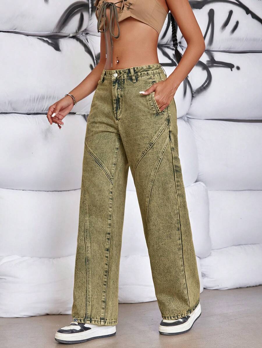 SHEIN ICON 女士休閒直筒牛仔褲，寬鬆版型，附口袋，復古洗水丹寧褲