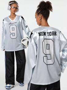 Coolane Women's Fall Game Day Long Sleeve Patchwork Printed Football Jersey T-Shirt,Couple Same Style