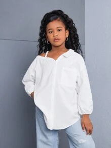 SHEIN Camisa informal holgada de unicolor con un solo hombro asimétrico y tirante frío de manga larga para niñas preadolescentes