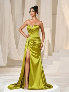 Faeriesty Satin Draped Side Split Thigh Formal Tube Party Dress - Olive Green - View 7
