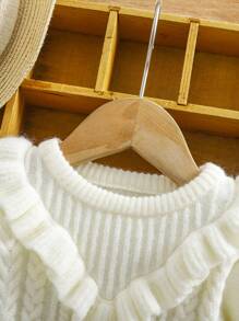 SHEIN Baby Girl Solid Color Ruffle Hem Knitted Long Sleeve Dress, Autumn/Winter - White - View 4