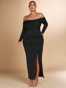 SHEIN BAE Plus Size Women's Elegant Party Nightclub Date Halloween Off Shoulder Ruched Long Sleeve Split Hem Black Knitted Dress