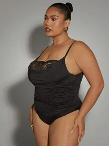 Hauture Plus Size Drap Ruched Lace Trim Sexy Bodysuit - Black - View 6