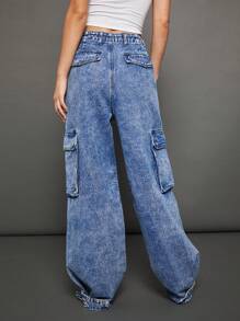 Premium 91% Cotton Denim Baggy Cargo Jeans - Light Wash - View 2