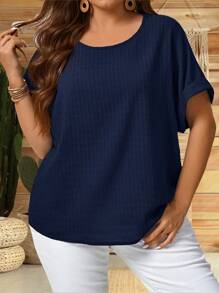 EMERY ROSE Plus Size Summer Vacation Casual Solid Color Textured Batwing Sleeve Shirt