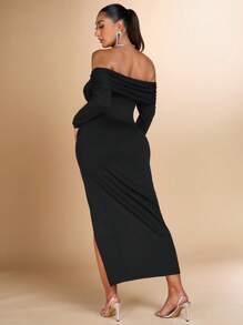 SHEIN BAE Plus Size Women's Elegant Party Nightclub Date Halloween Off Shoulder Ruched Long Sleeve Split Hem Black Knitted Dress