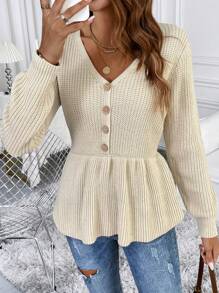 SHEIN LUNE Women's V-Neck Button Long Sleeve Sweater With Ruffled Hemline, Elegant & Fashionable Knit Pullover Fall Winter Outfit
