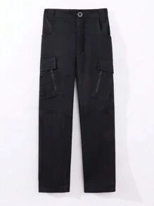 SHEIN Pantalones de trabajo de moda urbana de unicolor con varios bolsillos para niños preadolescentes - Negro - Ver 1