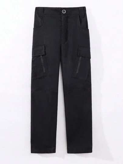 SHEIN Solid Color Street-Wear Workwear Pants With Multiple Pockets For Tween Boys