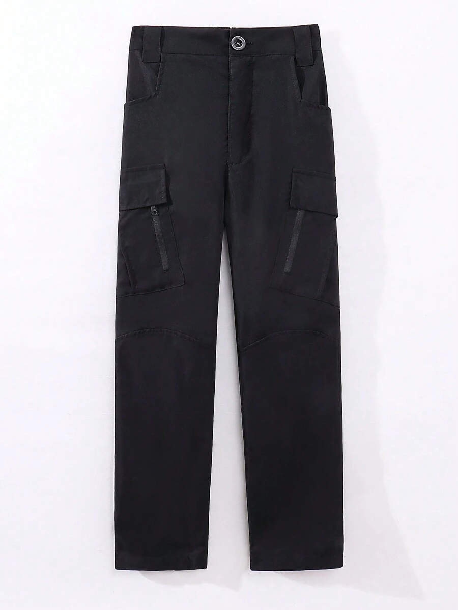 SHEIN Pantalones de trabajo de moda urbana de unicolor con varios bolsillos para niños preadolescentes - Negro - Ver 1