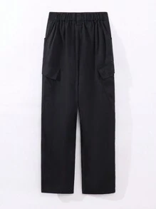 SHEIN Pantalones de trabajo de moda urbana de unicolor con varios bolsillos para niños preadolescentes - Negro - Ver 2