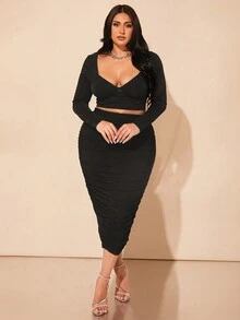 SHEIN BAE Bộ váy hai mảnh cổ lọ xếp nếp tay dài thanh lịch cho nữ dự tiệc sang trọng, thiết kế thanh lịch, dành cho ngày lễ, thu đông - màu đen - Xem 8