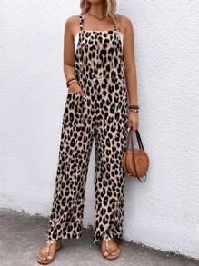 SHEIN LUNE Sommer Jumpsuit für Damen mit Leopardenmuster, ärmellos mit zwei Taschen, leger