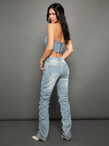 WESTFADE Premium 92% Cotton Denim Stacked Straight Leg Jeans - Light Wash - View 7