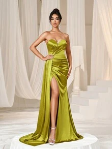 Faeriesty Satin Draped Side Split Thigh Formal Tube Party Dress - Olive Green - View 5